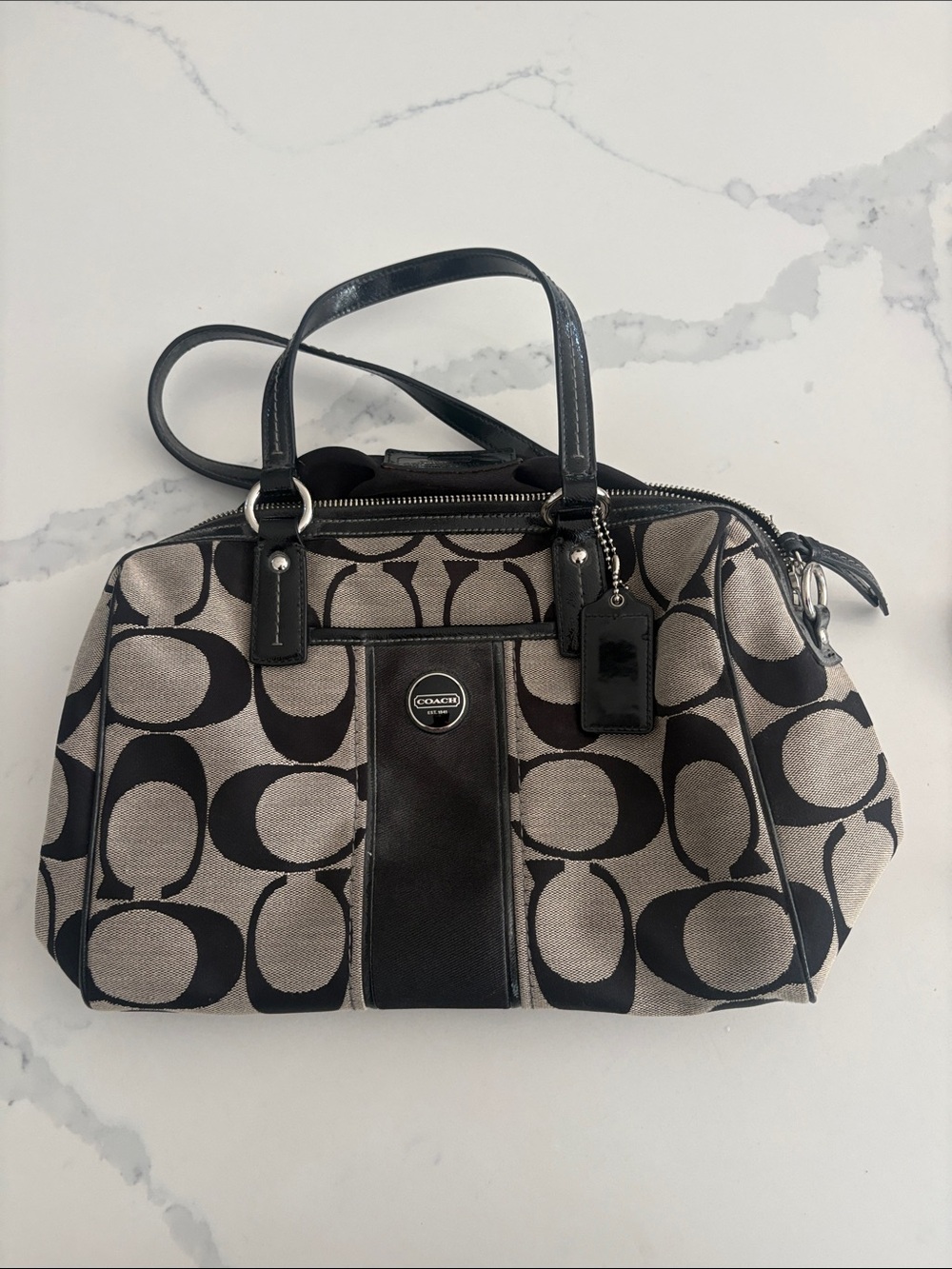 Coach Tote with Black Logo Jacquard and Tan Canvas